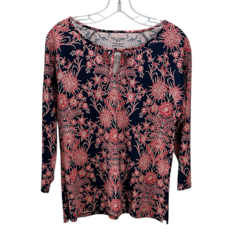 Talbots Cotton/Modal Blue Pink Floral Print Keyhole Tie 3/4 Sleeve Top M New